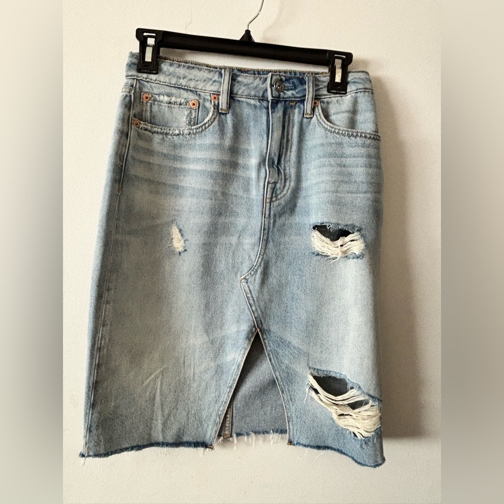 All Saints Light Blue Distressed Denim Skirt